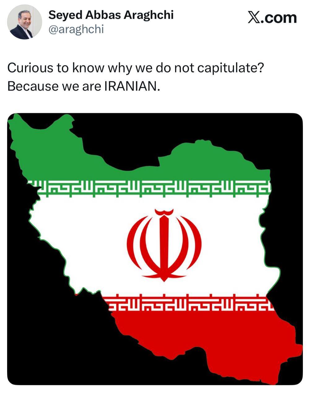 پاسخ عراقچی به ترامپ: تسلیم نمی شویم چون ما ایرانی هستیم + تصویر