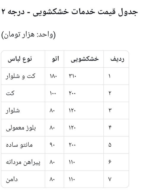 نرخ خشکشویی در تهران چند؟ نرخ خشکشویی در تهران چند؟