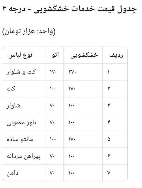 نرخ خشکشویی در تهران چند؟ نرخ خشکشویی در تهران چند؟