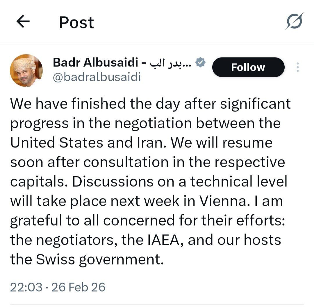 عمان از پایان دور مذاکرات ایران و آمریکا در ژنو خبر داد (۷ اسفند ۱۴۰۴)