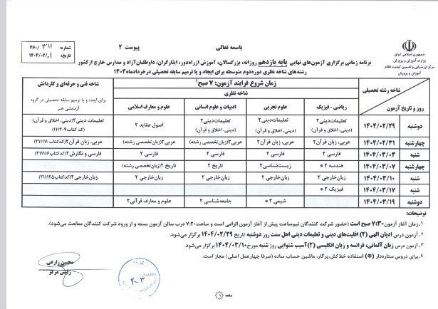برنامه امتحانات نهایی ۱۴۰۴ دانش‌آموزان پایه یازدهم و دوازدهم اعلام شد
