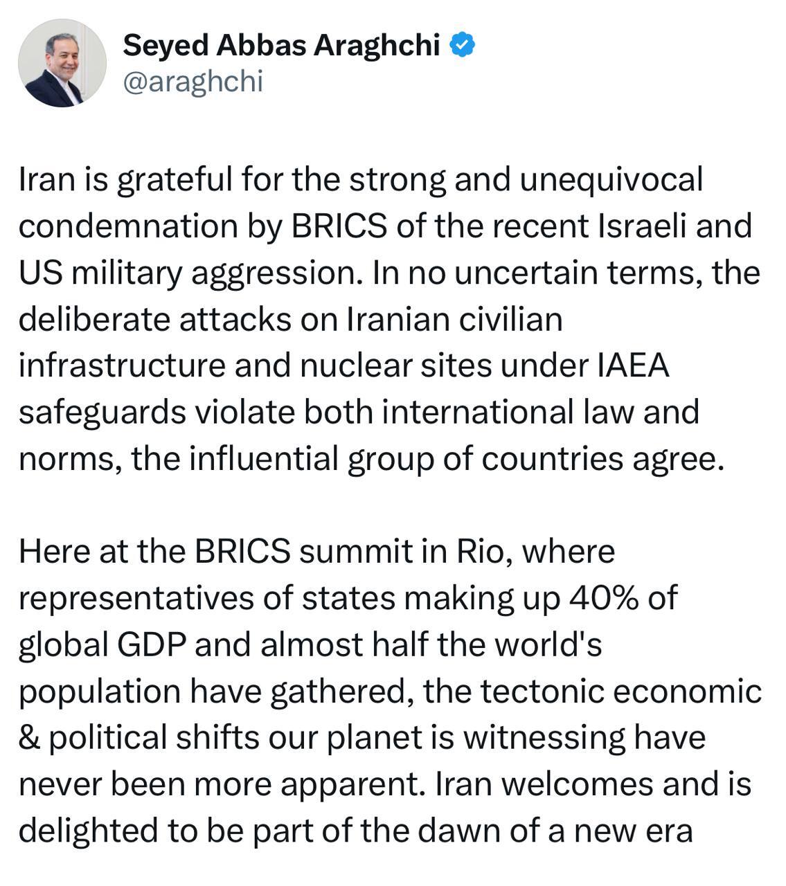 عراقچی: ایران از محکومیت قاطع و صریح تجاوزات نظامی اخیر رژیم اسرائیل و ایالات متحده توسط بریکس قدردانی می‌کند