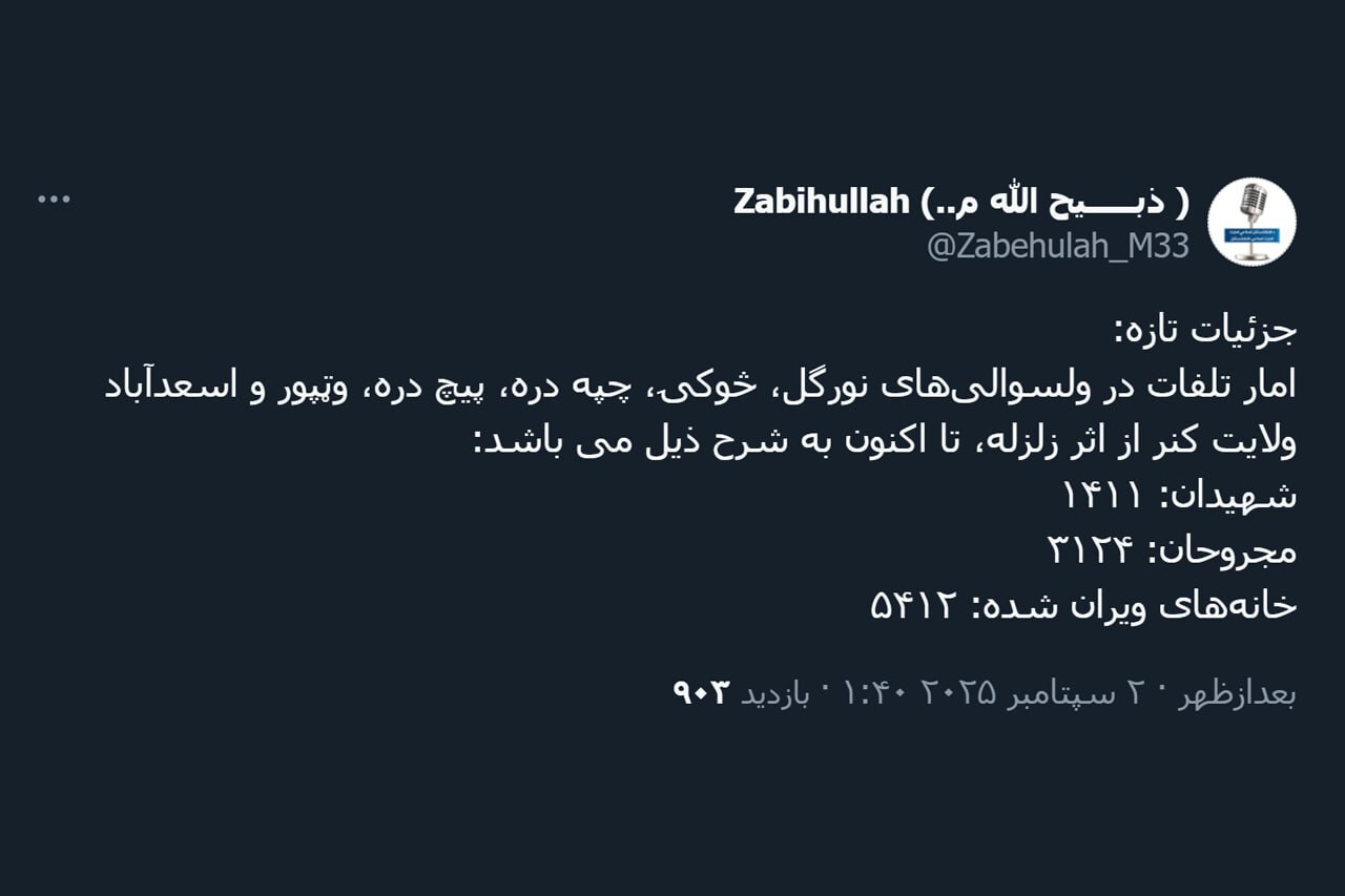 شمار قربانیان زلزله افغانستان از مرز ۱۴۰۰ نفر گذشت (۱۱ شهریور ۱۴۰۴)