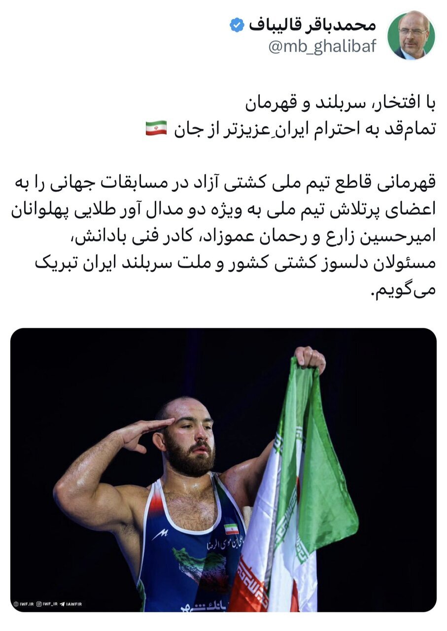 قالیباف قهرمانی تیم ملی کشتی آزاد ایران را تبریک گفت