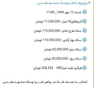 قیمت طلا در مشهد اعلام شد | طلا دوباره به کانال ۱۱ میلیون تومان رسید (۱۲ مهرماه ۱۴۰۴)