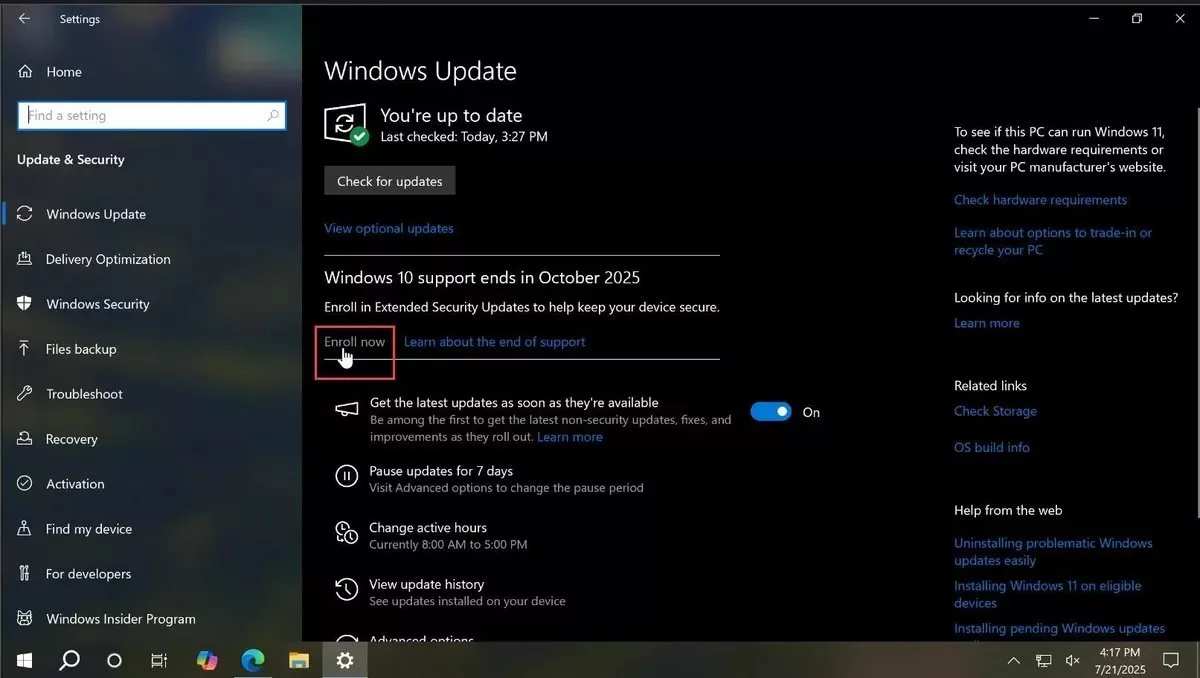 تنظیمات آپدیت ویندوز