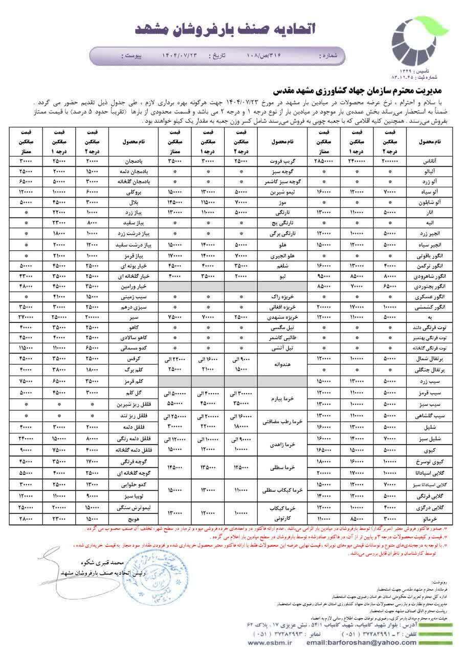 قیمت امروز میوه و ترهبار در مشهد (۲۳ مهر ۱۴۰۴) | گلابی ۴۰ تا ۱۰۰ هزار تومان قیمت امروز میوه و ترهبار در مشهد (۲۳ مهر ۱۴۰۴) | گلابی ۴۰ تا ۱۰۰ هزار تومان