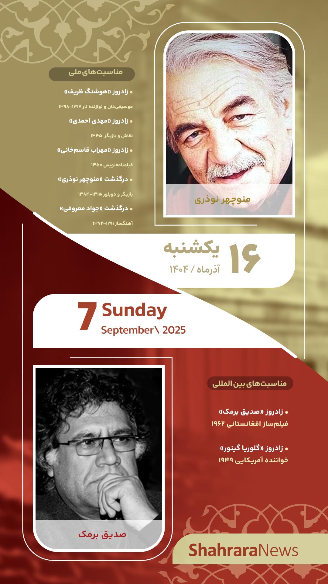 مناسبتها و تقویم فرهنگیهنری امروز (یکشنبه، ۱۶ آذر ۱۴۰۴) مناسبتها و تقویم فرهنگیهنری امروز (یکشنبه، ۱۶ آذر ۱۴۰۴)