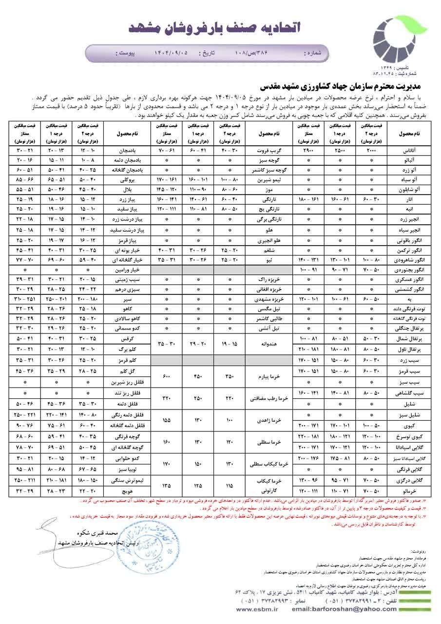 قیمت امروز میوه و تره بار در مشهد (۵ آذر ۱۴۰۴) | لوبیاسبز کیلویی چند؟