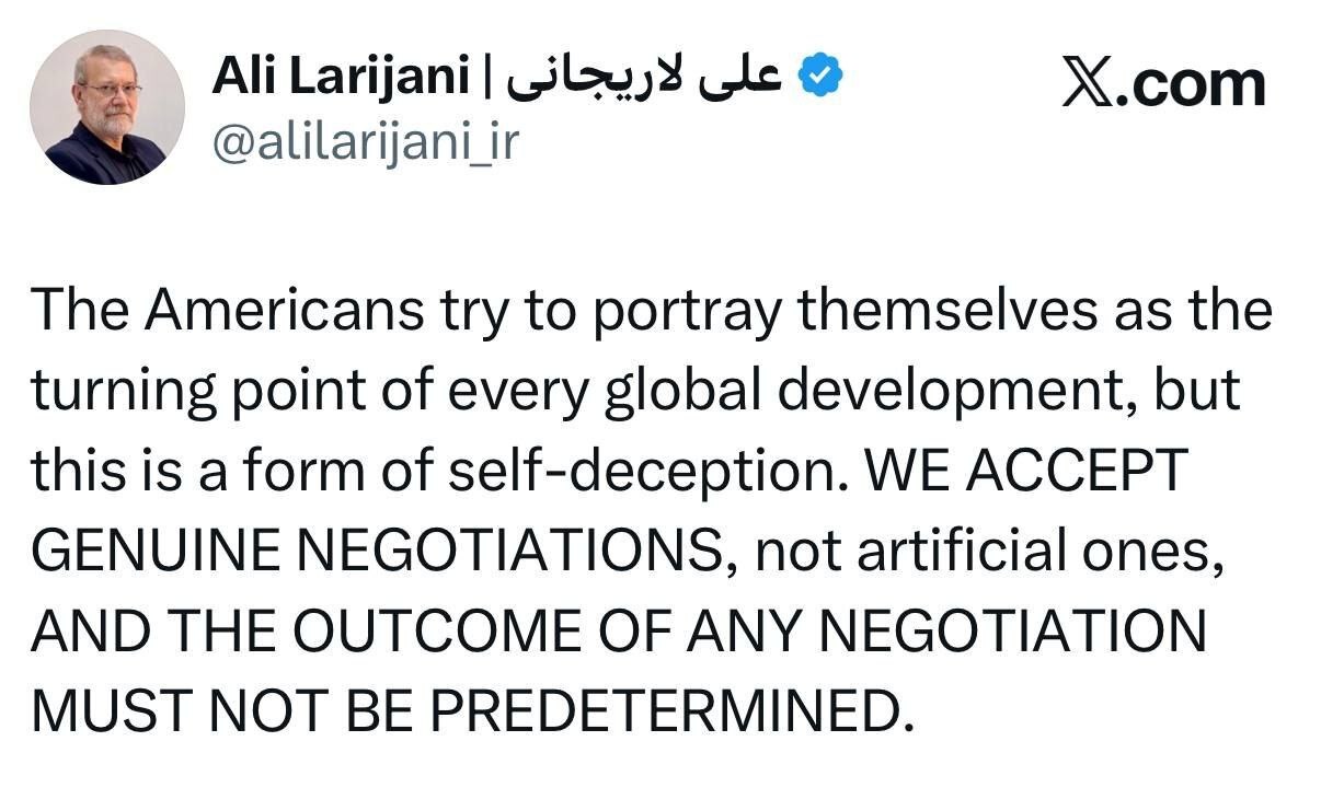 لاریجانی: مذاکره واقعی با طرف آمریکایی را می‌پذیریم