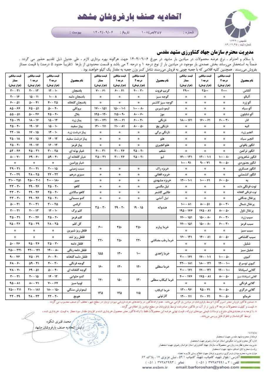 قیمت امروز میوه و تره بار در مشهد (۶ آذر ۱۴۰۴) | شلغم «دوای درد سرماخوردگی» چند؟