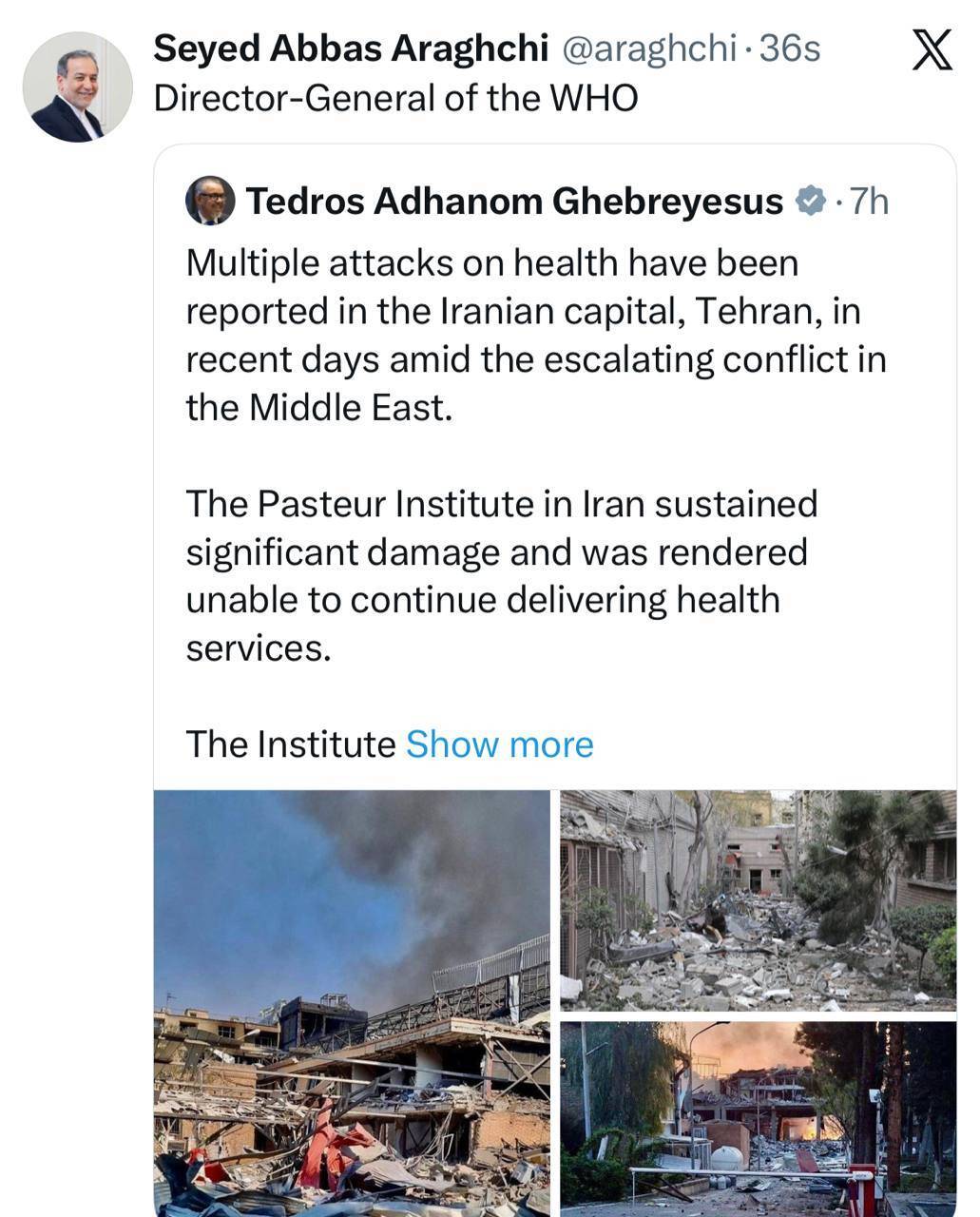 بازنشر پیام دبیرکل سازمان بهداشت جهانی توسط سید عباس عراقچی وزیر امور خارجه کشورمان