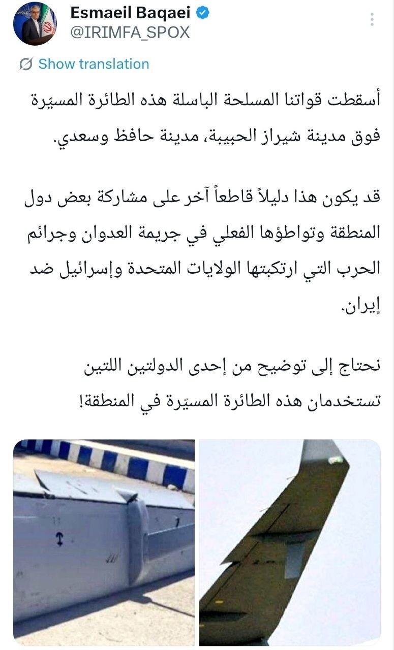 واکنش بقائی به ساقط شدن پهپاد یک کشور همسایه در شیراز + عکس