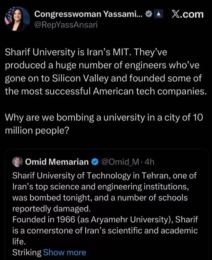انتقاد یاسمین انصاری، نماینده ایرانی کنگره آمریکا، از بمباران دانشگاه صنعتی شریف تهران