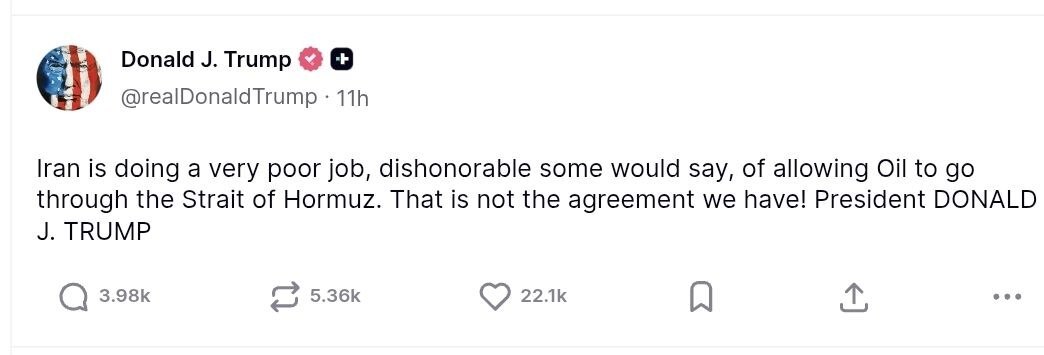 ترامپ در بحبوحه آتش‌بس شکننده، به ایران در مورد جریان نفت از تنگه هرمز هشدار داد