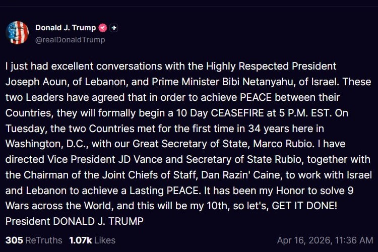 ادعای ترامپ: آتش‌بس ۱۰ روزه در لبنان برقرار شد