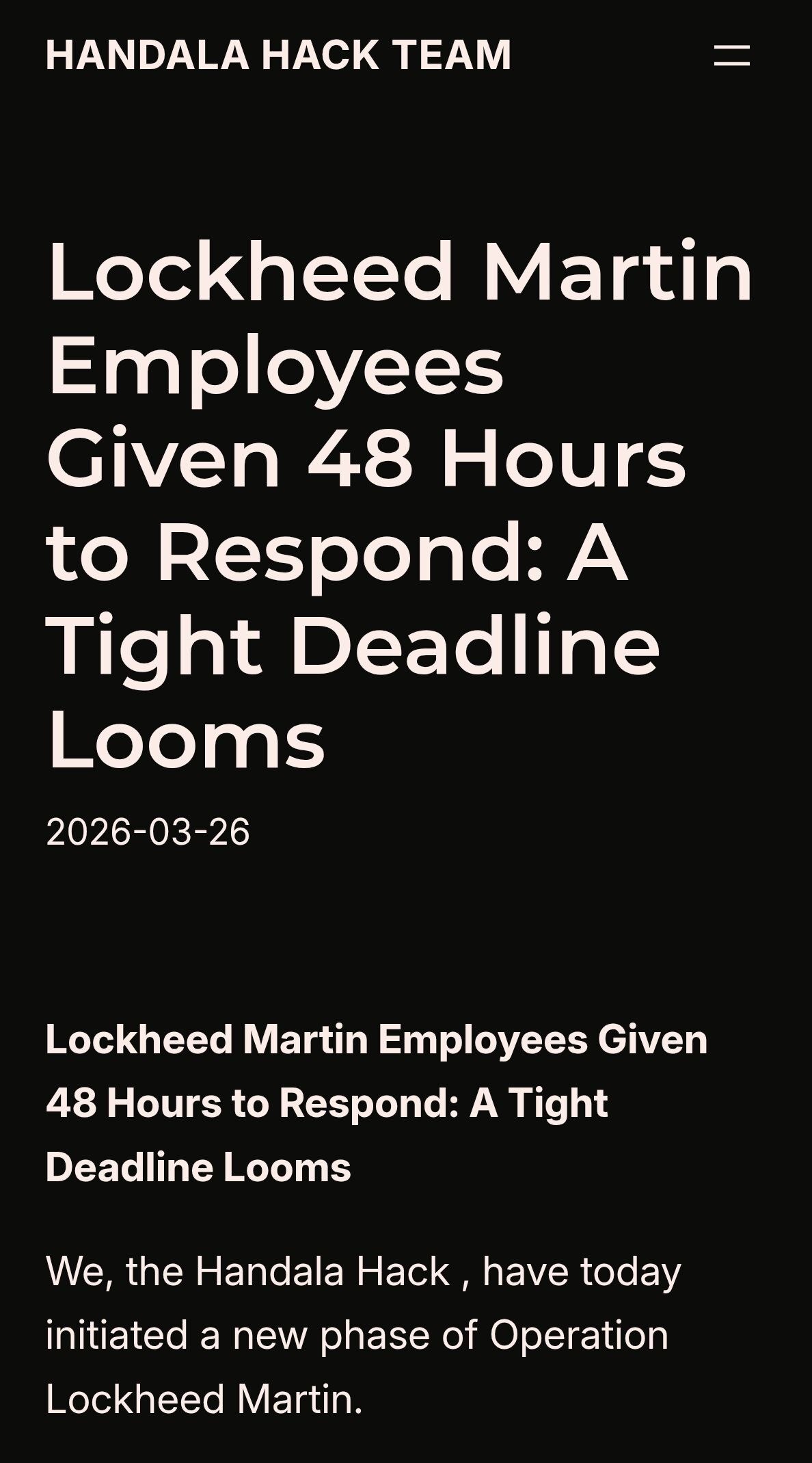 فرصت ۴۸ ساعته گروه هکری حنظله به کارمندان لاکهید مارتین