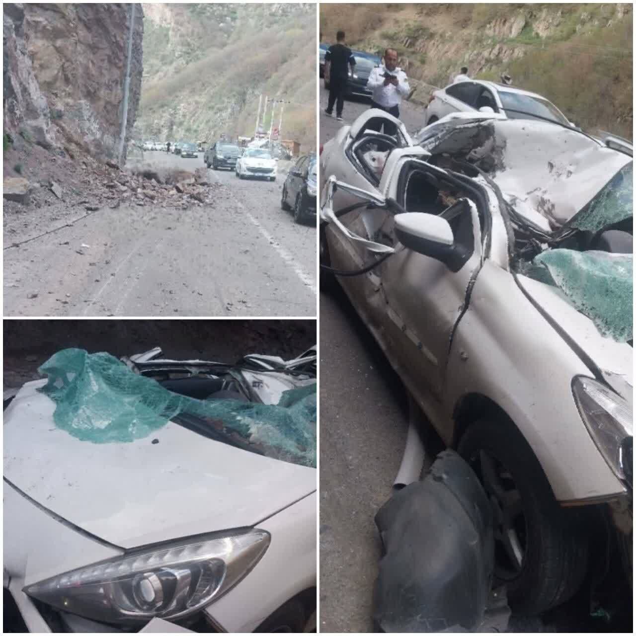 سقوط سنگ روی خودروی پژو ۲۰۷ در جاده کندوان حوالی چالوس + عکس
