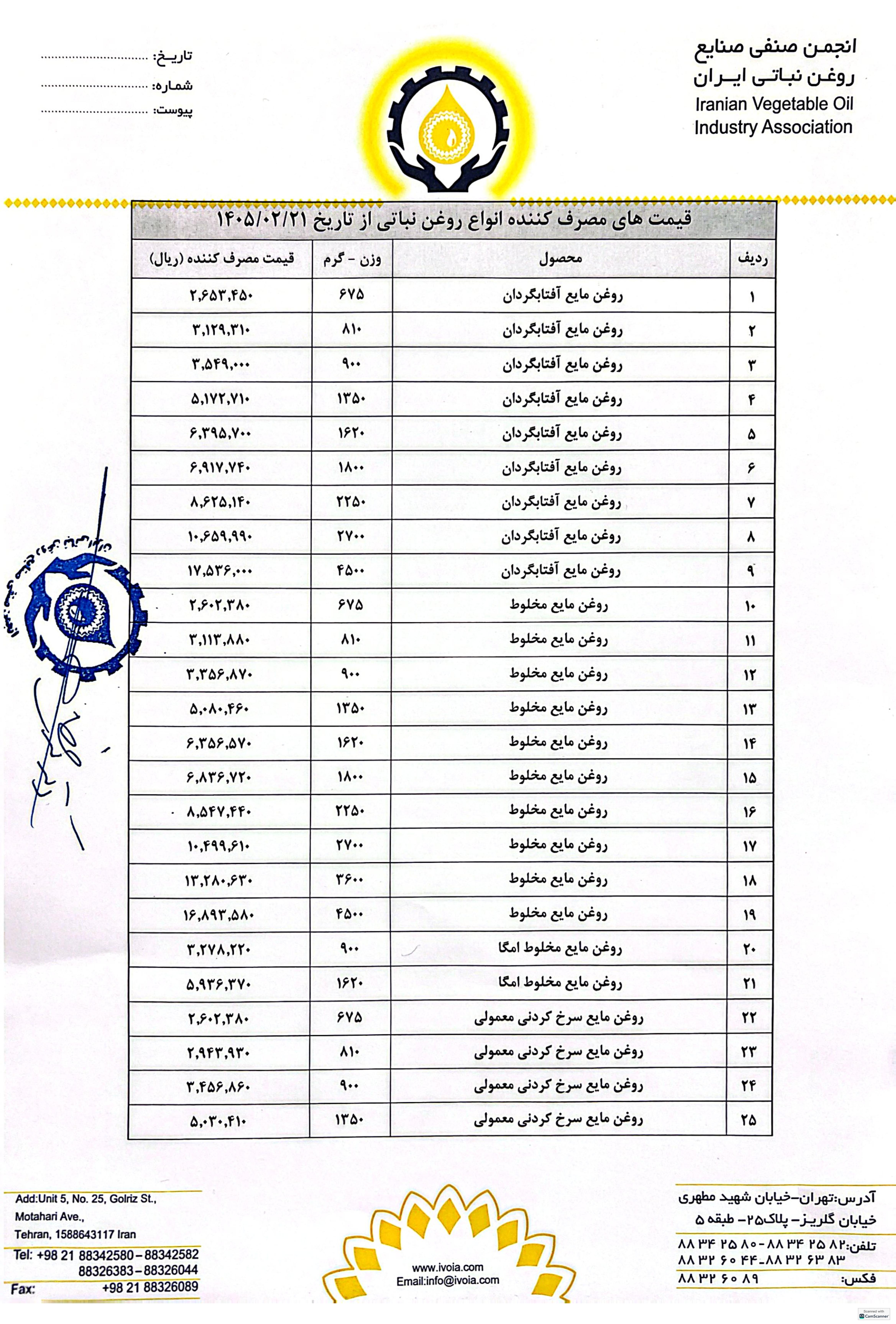 لیست قیمت جدید انواع روغن نباتی در سطح کشور اعلام شد (۲۲ اردیبهشت ۱۴۰۵)+ جزئیات لیست قیمت جدید انواع روغن نباتی در سطح کشور اعلام شد (۲۲ اردیبهشت ۱۴۰۵)+ جزئیات