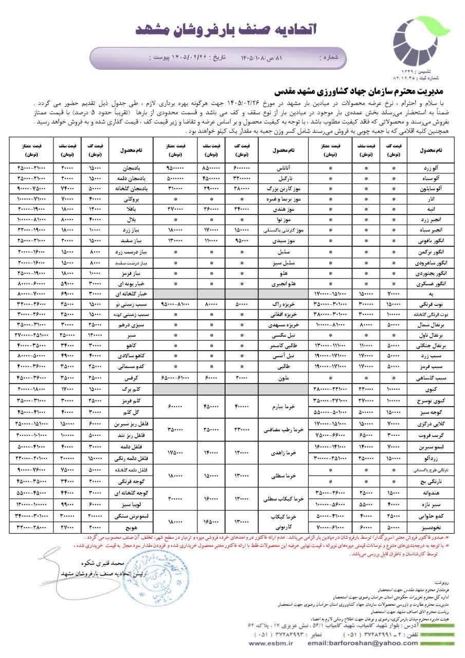 قیمت امروز میوه و تره بار در مشهد (۲۶ اردیبهشت ۱۴۰۵) | نوبرانه زردآلو به بازار آمد