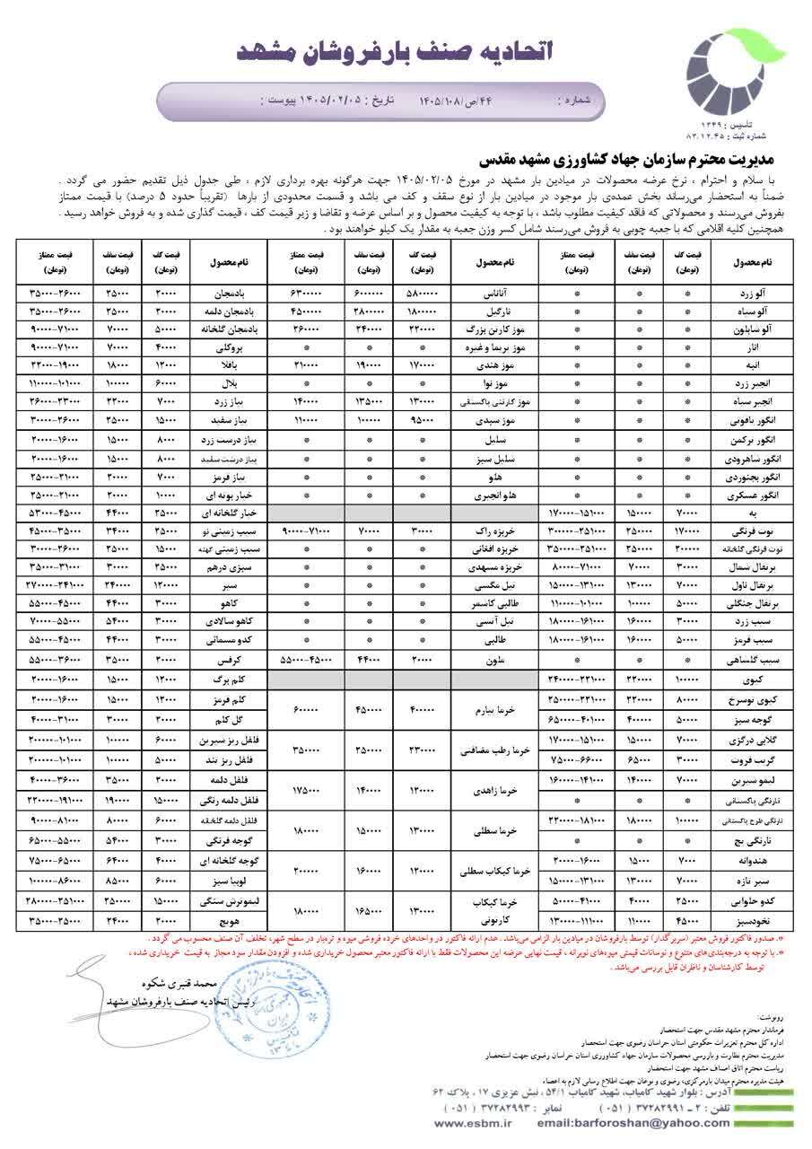قیمت امروز میوه در مشهد (۵ اردیبهشت ۱۴۰۵) | افت قابل توجه قیمت موز