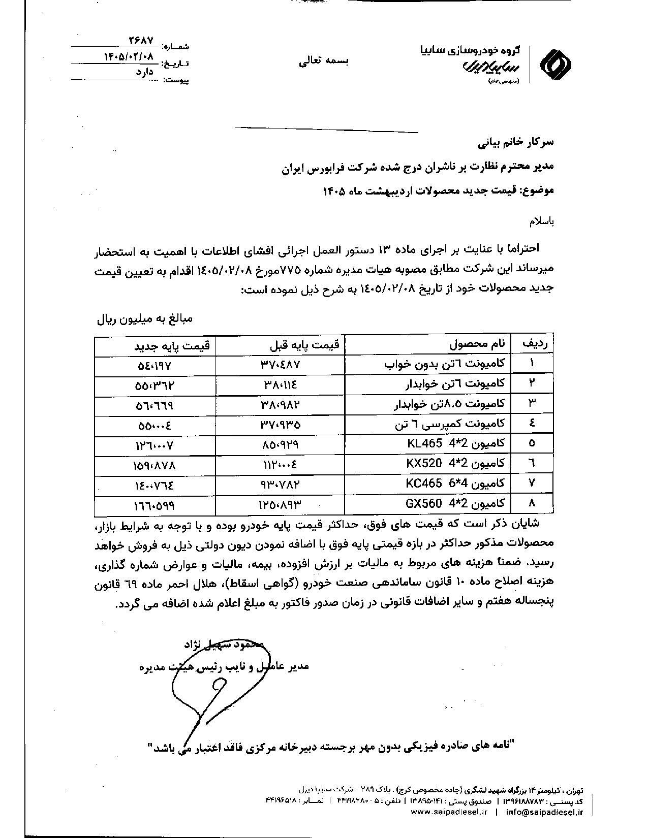 افزایش قیمت محصولات سایپا دیزل اعلام شد (۸ اردیبهشت ۱۴۰۵)