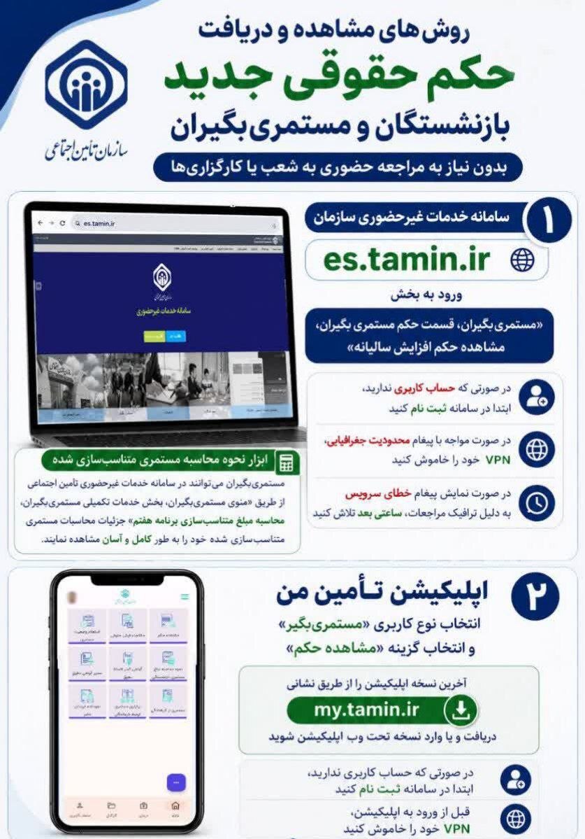 روشهای مشاهده و دریافت حکم حقوقی جدید بازنشستگان تأمین اجتماعی و مستمریبگیران روشهای مشاهده و دریافت حکم حقوقی جدید بازنشستگان تأمین اجتماعی و مستمریبگیران