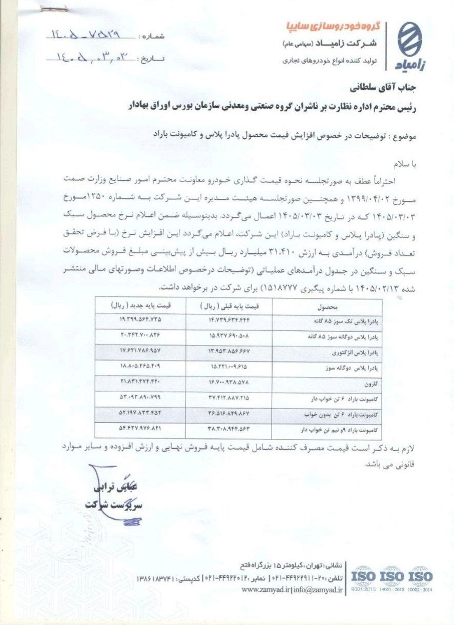 قیمت محصولات زامیاد افزایش یافت + جزئیات قیمت