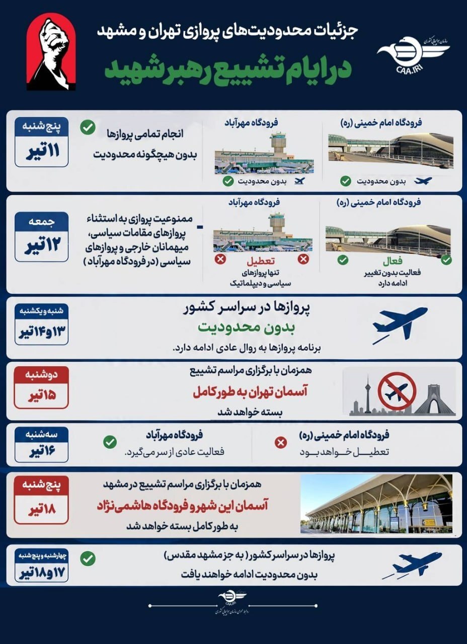 جزئیات تعطیلی فرودگاههای کشور در ایام مراسم تشییع رهبر شهید | ۱۸ تیر آسمان مشهد بسته میشود جزئیات تعطیلی فرودگاههای کشور در ایام مراسم تشییع رهبر شهید | ۱۸ تیر آسمان مشهد بسته میشود
