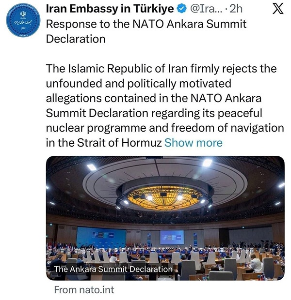 سفارت ایران در ترکیه: اتهامات ناتو درباره برنامه هستهای و تنگه هرمز مردود است سفارت ایران در ترکیه: اتهامات ناتو درباره برنامه هستهای و تنگه هرمز مردود است