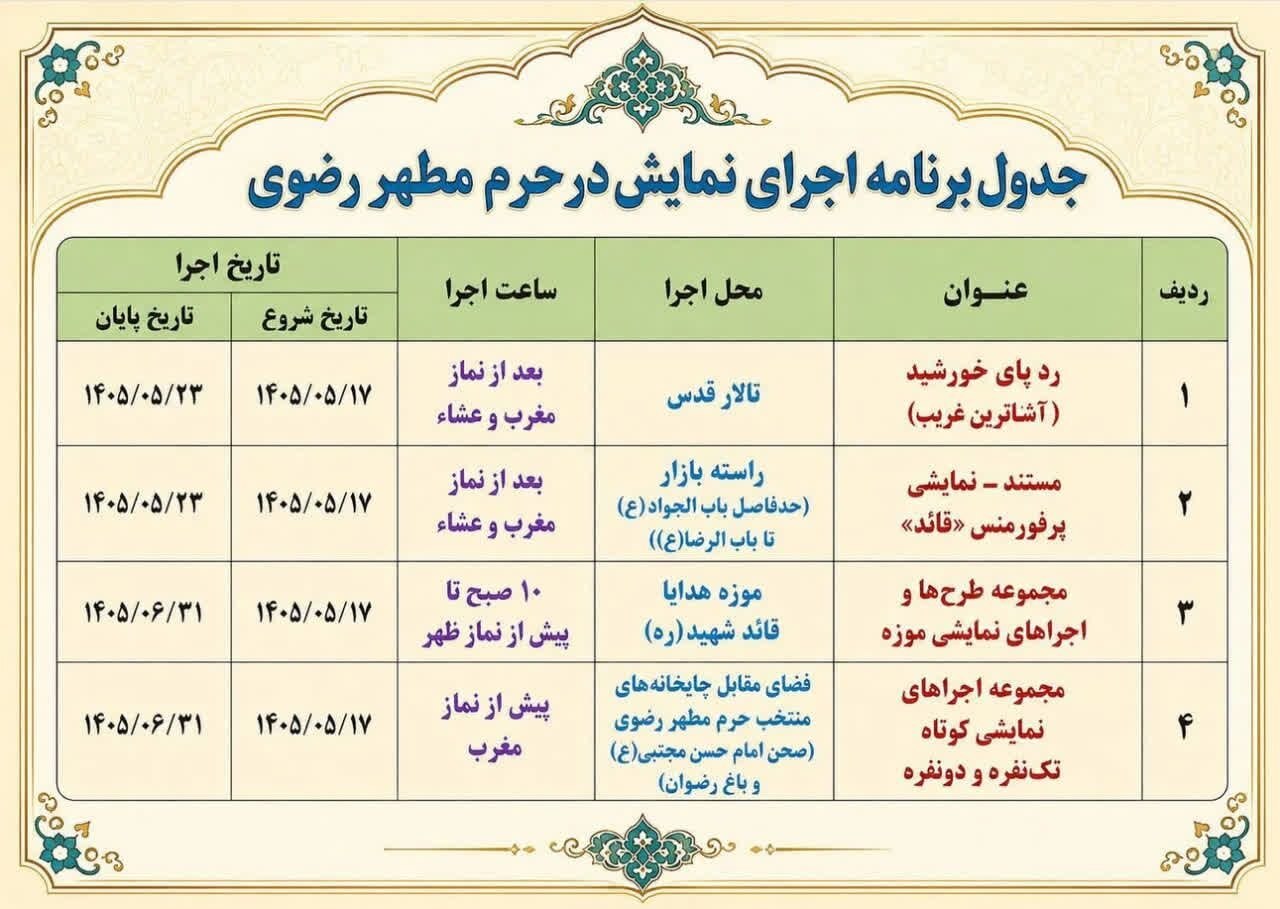 چهار مجموعه نمایشی با روایتهای رضوی، مهمان زائران حرم مطهر در دهه پایانی صفر۱۴۰۵ + جدول زمانبندی چهار مجموعه نمایشی با روایتهای رضوی، مهمان زائران حرم مطهر در دهه پایانی صفر۱۴۰۵ + جدول زمانبندی