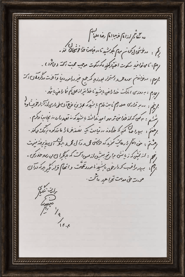 دستنوشته ماندگار از سردار شهید تنگسیری از ده سفارش امام رضا(ع) دستنوشته ماندگار از سردار شهید تنگسیری از ده سفارش امام رضا(ع)