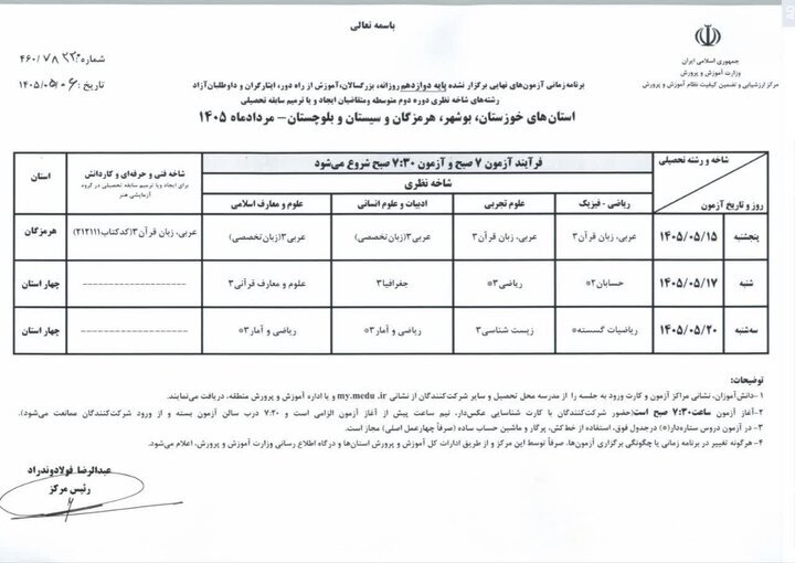 برنامه جدید امتحانات نهایی پایه دوازدهم در ۴ استان جنوبی کشور ابلاغ شد