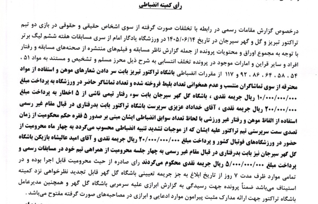 رأی کمیته انضباطی درباره دیدار تراکتور و گلگهر اعلام شد؛ خداداد عزیزی ۴ ماه و عالیشاه ۴ جلسه محروم شدند رأی کمیته انضباطی درباره دیدار تراکتور و گلگهر اعلام شد؛ خداداد عزیزی ۴ ماه و عالیشاه ۴ جلسه محروم شدند