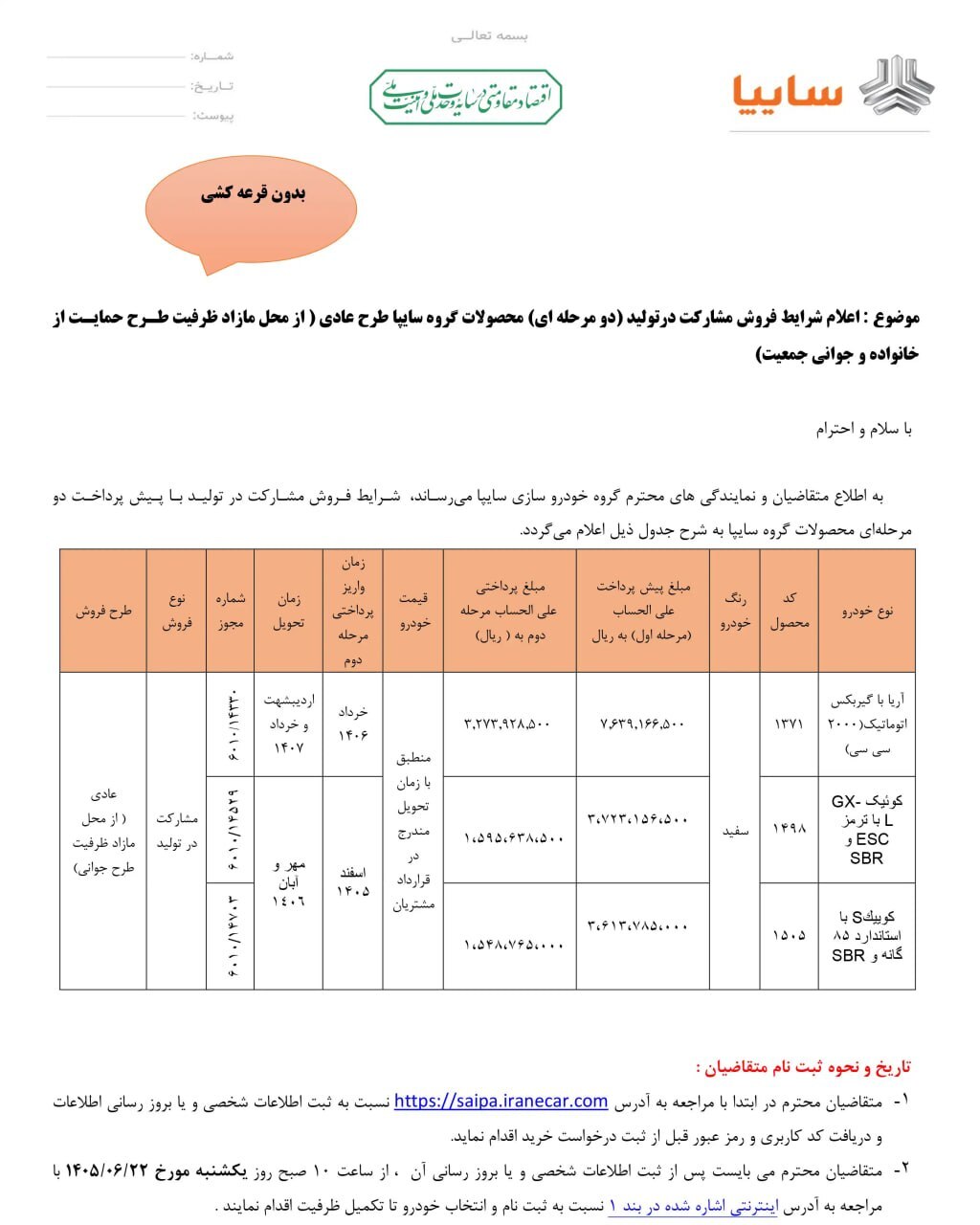 آغاز طرح فروش مشارکت در تولید محصولات سایپا از امروز (۲۲ شهریور ۱۴۰۵) + جزئیات