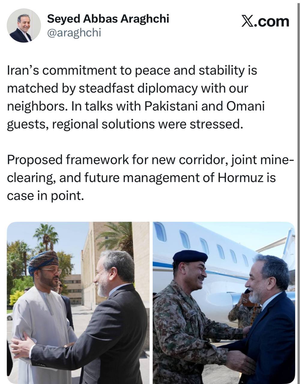 پیام عراقچی پس از دیدار با میهمانان پاکستانی و عمانی