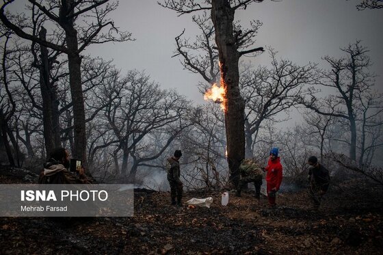 گزارش تصویری | عملیات مهار آتش‌سوزی مناطق کوهستانی روستاهای دلیر و الیت