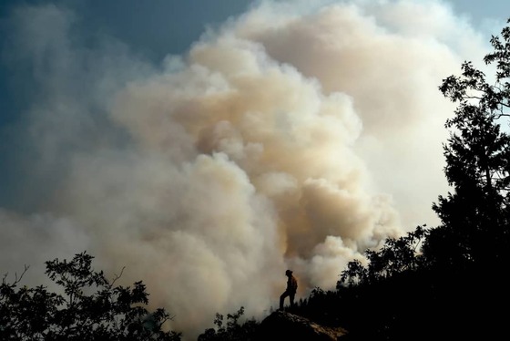 در حالی که آتش سوزی دیکسی، دومین آتش سوزی بزرگ در تاریخ ایالت کالیفرنیا، از میان زمین های کوهستانی و جنگلی در نزدیکی جانسویل کالیفرنیا می گذرد، توده‌ای از دود به سمت آسمان بلند می شود. (لوئیس سینکو)