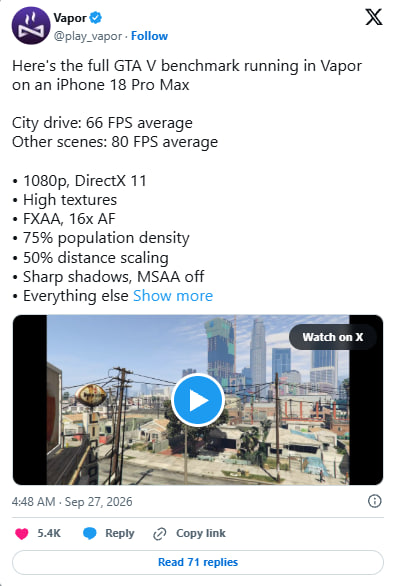 آیفون ۱۸ پرو مکس GTA ۵ را با ۶۶ فریم اجرا می‌کند | قدرت A۲۰ Pro در حد GTX ۱۶۵۰