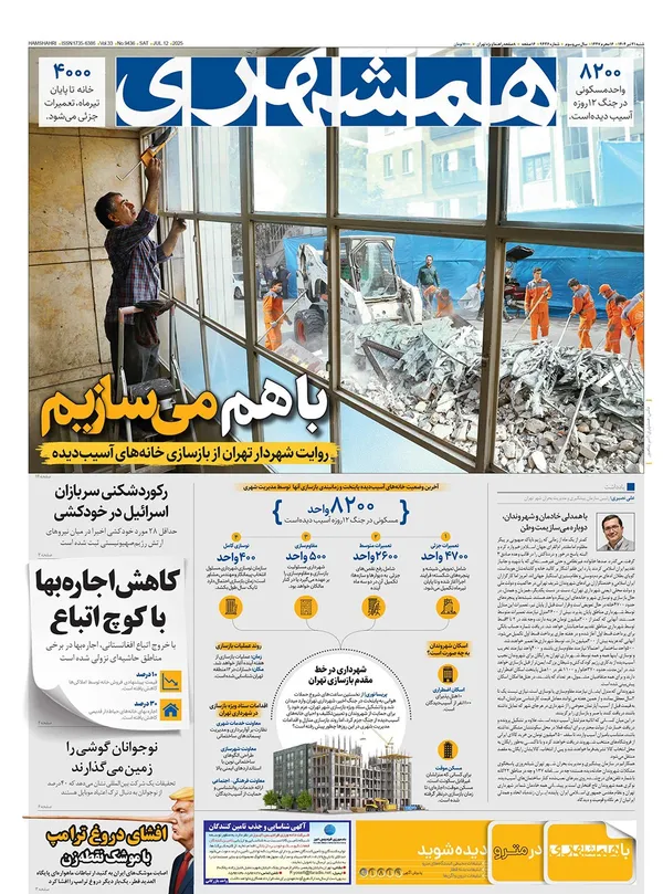 صفحه نخست روزنامه‌های کشور - شنبه ۲۱ تیر ۱۴۰۴