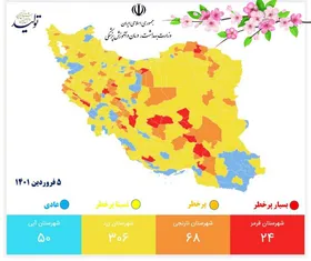 آخرین وضعیت رنگ&zwnj;بندی کرونایی کشور (۵ فروردین ۱۴۰۱)