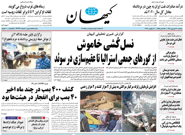 صفحه نخست روزنامه‌های کشور - دوشنبه ۲۰ شهریور ۱۴۰۲