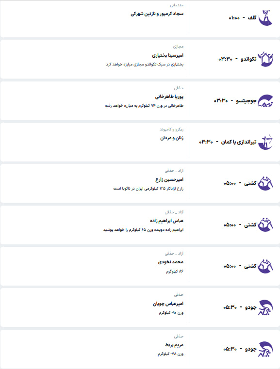 برنامه مسابقات کاروان ایران در ناگویا (جمعه، ۱۰ مهر ۱۴۰۵)