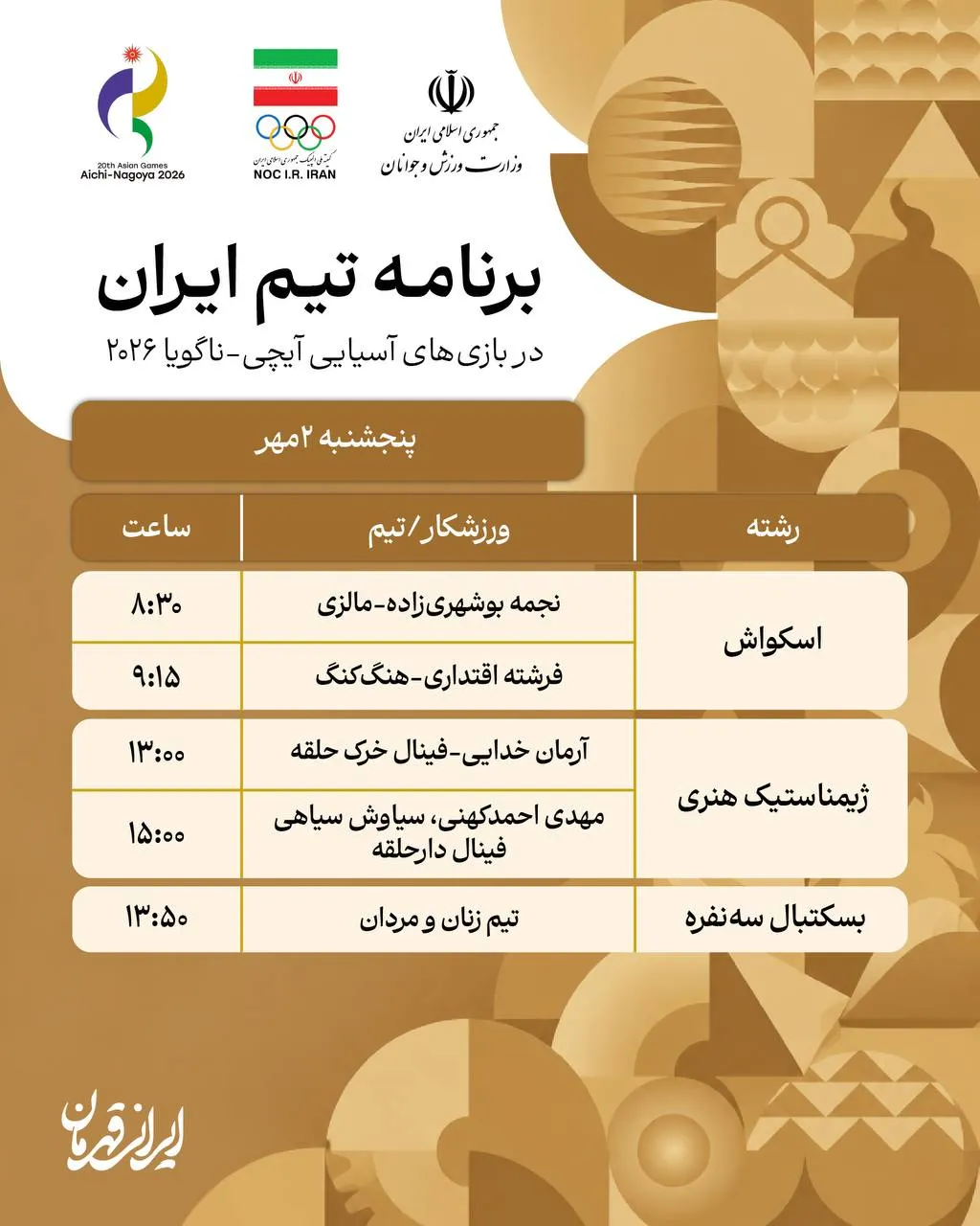 برنامه بازی های ایران در آسیایی ناگویا دوم مهر ۱۴۰۵ برنامه بازی های ایران در آسیایی ناگویا دوم مهر ۱۴۰۵