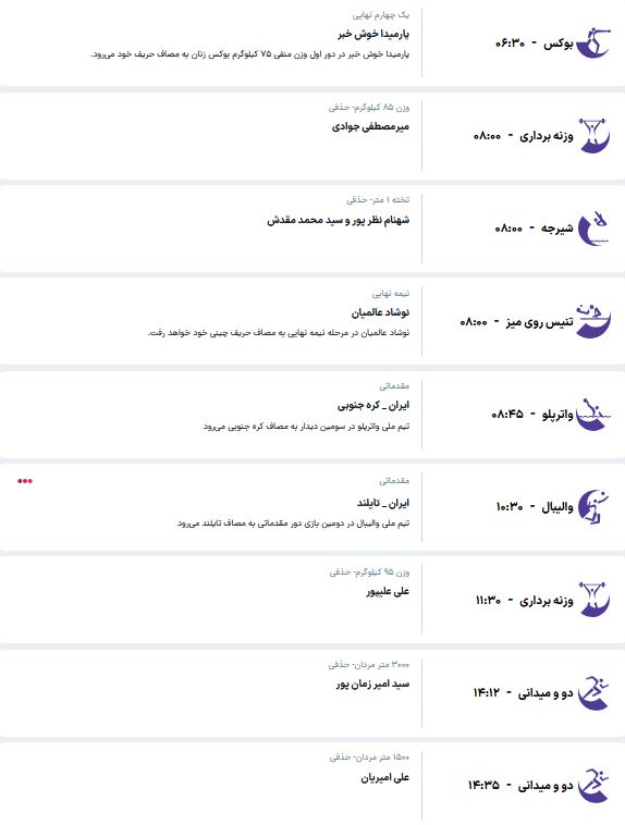 برنامه مسابقات کاروان ایران در ناگویا (دوشنبه، ۶ مهر ۱۴۰۵) برنامه مسابقات کاروان ایران در ناگویا (دوشنبه، ۶ مهر ۱۴۰۵)