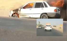 آتش&zwnj;سوزی پراید در جاده شوشتر و رفتار سخاوتمندانه راننده BMW + عکس
