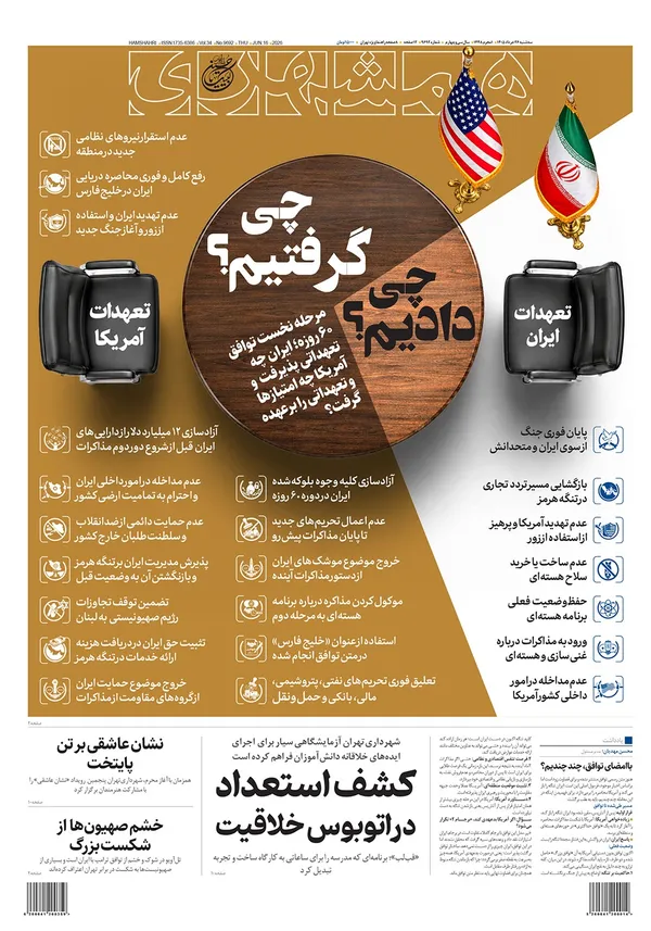صفحه نخست روزنامه‌های کشور - سه‌شنبه ۲۶ خرداد ۱۴۰۵