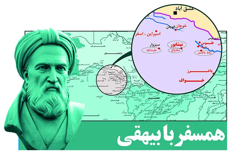 در کتاب تاریخ بیهقی از چه مکان هایی در خراسان رضوی یاد شده است؟