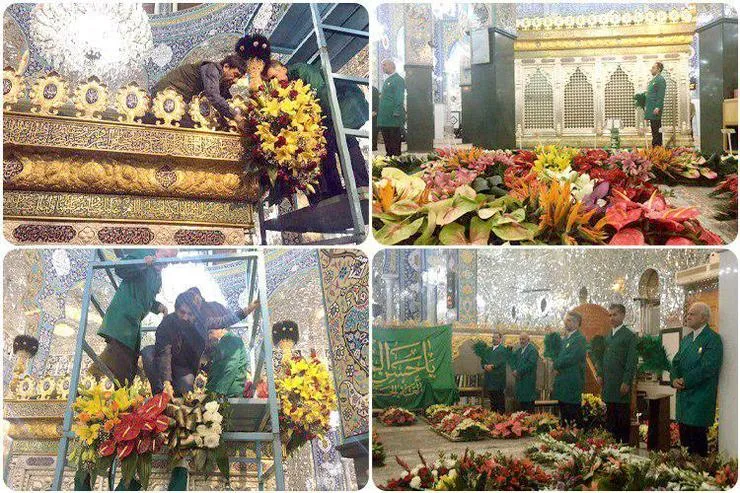 گل‌آرایی حرم حضرت زینب کبری (س) توسط خادمان آستان قدس رضوی
