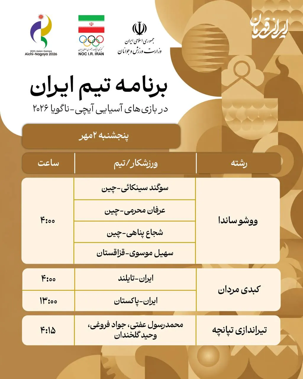 برنامه بازی های ایران در آسیایی ناگویا دوم مهر ۱۴۰۵ برنامه بازی های ایران در آسیایی ناگویا دوم مهر ۱۴۰۵